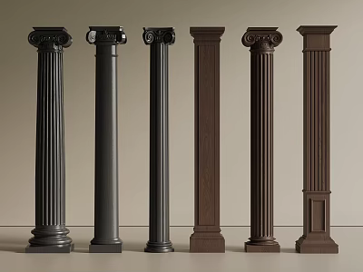 Various Design Columns in Black and Brown with Fluted and Plain Styles 3d model