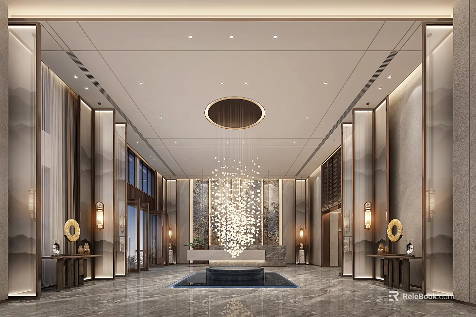 Luxurious Hotel Lobby Featuring Marble Walls Warm Lighting Circular Chandelier And Central Water Feature 3d model 