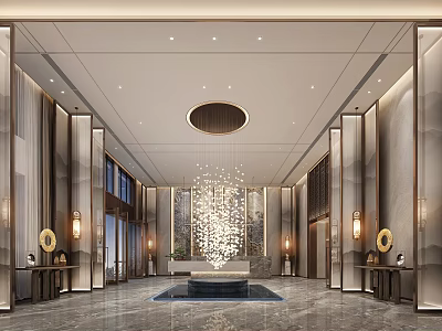 Luxurious Hotel Lobby Featuring Marble Walls Warm Lighting Circular Chandelier And Central Water Feature 3d model