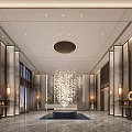 Luxurious Hotel Lobby Featuring Marble Walls Warm Lighting Circular Chandelier And Central Water Feature
