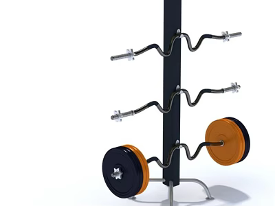 Sturdy Weight Plate Storage Rack With Curved Hooks And Colorful Weight Plates 3d model