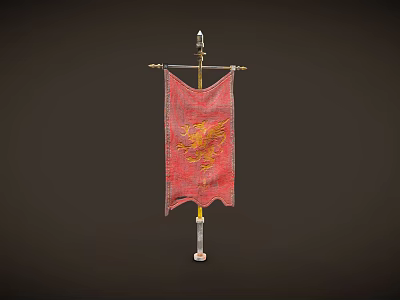 Red National Flag With Yellow Dragon Design Hanging On Metal Pole Bracket 3d model