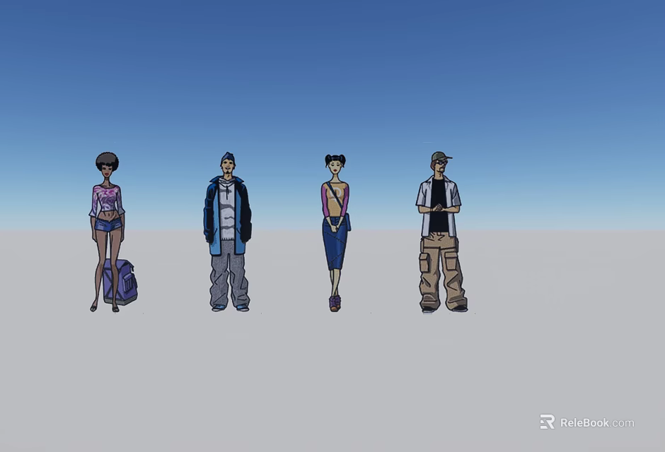 Four People Standing In Different Clothing Against Blue Sky And Gray Ground 3d model 
