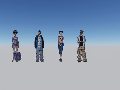 Four People Standing In Different Clothing Against Blue Sky And Gray Ground 3d model