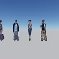 Four People Standing In Different Clothing Against Blue Sky And Gray Ground