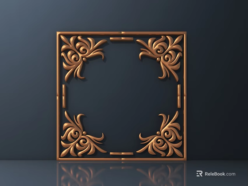 Golden Square Carved Frame With Elaborate Floral Patterns On Dark Background 3d model 