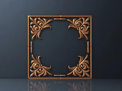Golden Square Carved Frame With Elaborate Floral Patterns On Dark Background 3d model