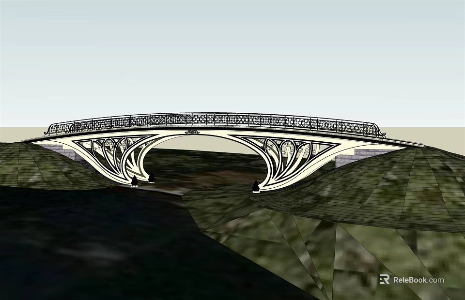 Ornate Arch Bridge With Decorative Railings Over River And Green Hills 3d model 