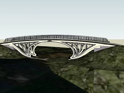 Ornate Arch Bridge With Decorative Railings Over River And Green Hills 3d model