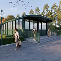 Modern Green Station Building with Glass Walls Surrounded by Trees Pedestrians Lamp Posts and Birds
