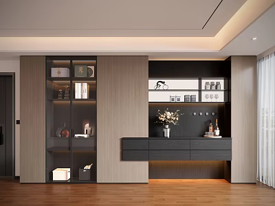 Modern Sideboard With Wooden Finish Open Shelves Glass Cabinets And Decorations 3d model