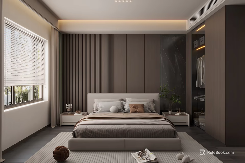 Modern Bedroom Interior Design With Bed Headboard Pillows Nightstands Wardrobe And Window 3d model 