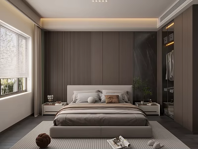 Modern Bedroom Interior Design With Bed Headboard Pillows Nightstands Wardrobe And Window 3d model