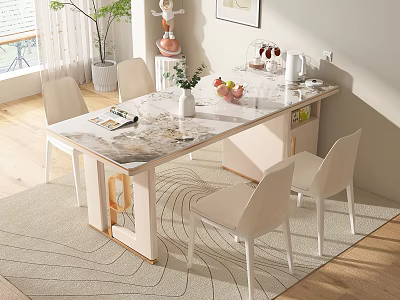 Elegant Modern Dining Table Set With Marble Top White Chairs On Carpet And Decorative Items 3d model