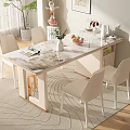 Elegant Modern Dining Table Set With Marble Top White Chairs On Carpet And Decorative Items