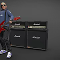 Man In Blue Hoodie Playing Red Electric Guitar With Marshall Amplifiers Nearby