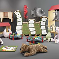 Stuffed Toys in Kids Playroom with Animal Shaped Furniture Toy Tables and Building Blocks