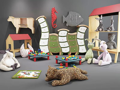 Stuffed Toys in Kids Playroom with Animal Shaped Furniture Toy Tables and Building Blocks 3d model
