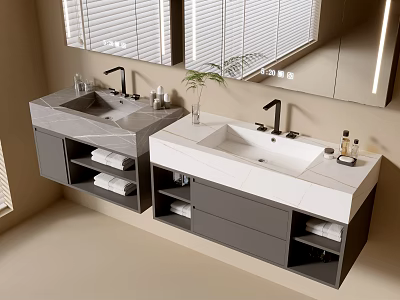 Elegant Modern Bathroom Vanity With Double Sink Marble Countertop Storage Cabinets Mirror And Potted Plant 3d model