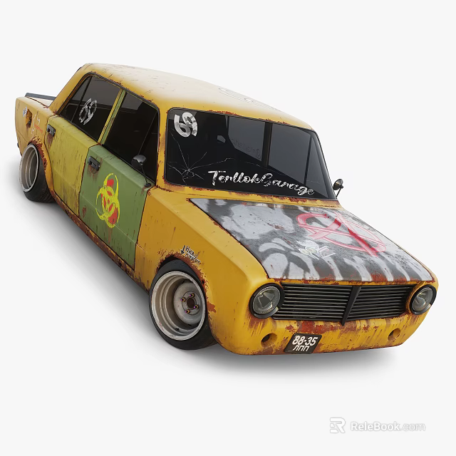 Yellow Rusty Retro Car With Graffiti Art And Custom Wheels 3d model