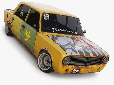 Yellow Rusty Retro Car With Graffiti Art And Custom Wheels 3d model
