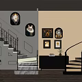 Staircase with Golden Railings Marble Steps and Cat Decor Paintings Wall Gray Cabinet Wooden Floor