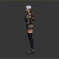 Woman With White Short Hair In Tactical Vest Red Black Outfit Standing Arms Outstretched