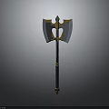 Fantasy Style Double Bladed Axe With Golden Accents And Metal Shaft