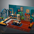 Teal Walled Kitchen Interior With Red Floor Cabinets Refrigerator Dining Table Plants And Decorative Paintings