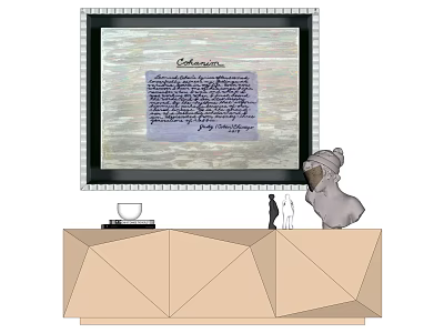 Framed Graduation Certificate On Decorative Display Cabinet With Dog Statue And Items 3d model