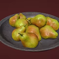 Fresh Ripe Pears Arranged In Dark Gray Ceramic Plate On Maroon Background