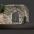 Ancient Stone Building Model With Arch Doorway Iron Grille Gate And Moss Covered Walls