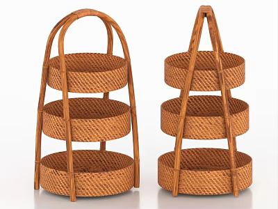 Woven Rattan Storage Baskets Three Tiered Design With Handles for Home Organizing 3d model