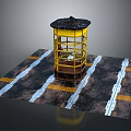 Yellow Tower Structure On Platform With Ground Stripes And Tracks