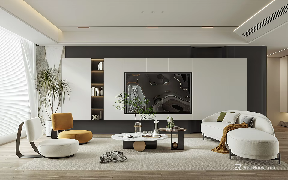 Modern Living Room With White Gray TV Wall Sofa Armchair Coffee Table And Potted Plant 3d model 