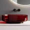 Modern Bathroom Vanity With Red Basin Round Illuminated Mirror White Cabinet And Black Faucet