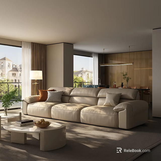 Modern Cream Leather Sofa And Round Coffee Table Set With Decorative Pillows And Floor Lamp 3d model 