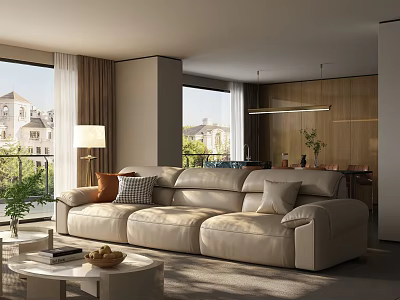 Modern Cream Leather Sofa And Round Coffee Table Set With Decorative Pillows And Floor Lamp 3d model