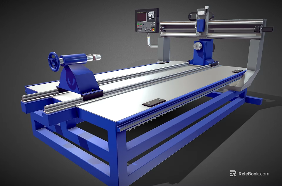 Heavy Duty Industrial CNC Machining Equipment with Blue Frame Silver Worktable and Digital Control Panel 3d model 