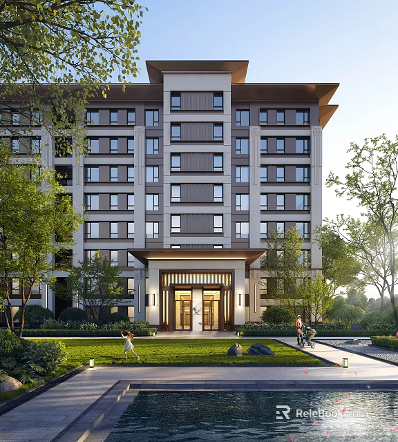 Modern Residential Apartment Building With Lawn Trees Entrance And People Activity 3d model 