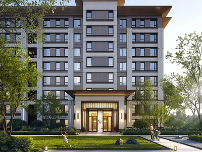 Modern Residential Apartment Building With Lawn Trees Entrance And People Activity 3d model