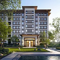 Modern Residential Apartment Building With Lawn Trees Entrance And People Activity
