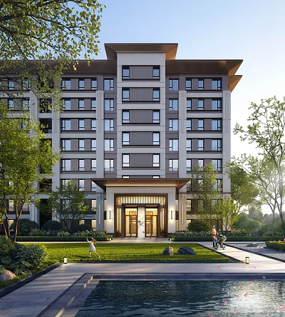 Modern Residential Apartment Building With Lawn Trees Entrance And People Activity 3d model