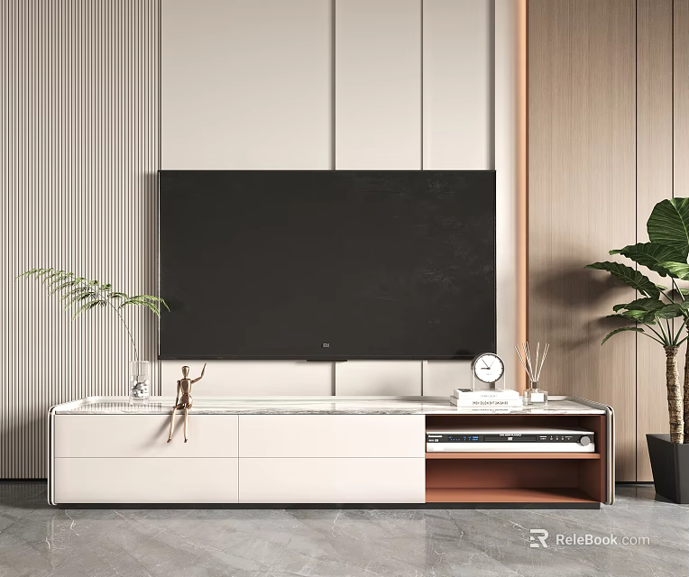 Modern Light Luxury TV Stand With Decor Plants And TV 3d model
