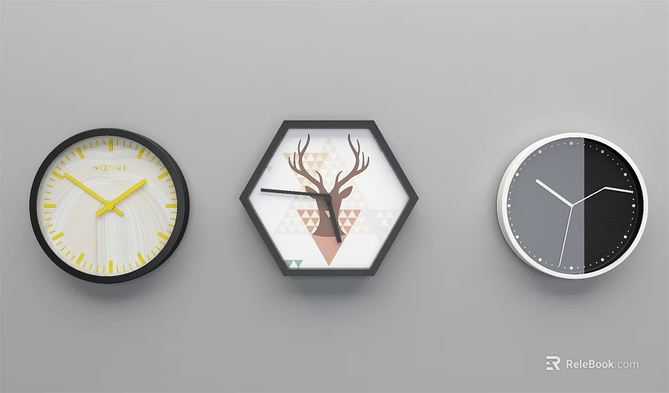 Modern Wall Clocks With Different Shapes Hexagonal Deer Head Design And Round For Home Decor 3d model 