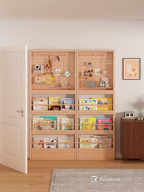 Wooden Bookshelf With Pegboard Top And Shelves Filled With Books And Decorative Items 3d model 