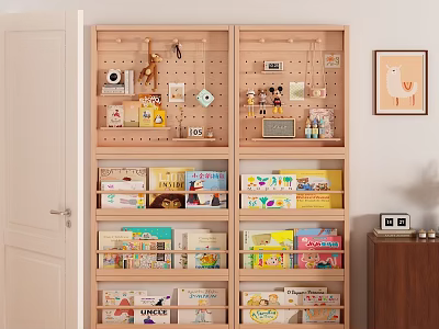Wooden Bookshelf With Pegboard Top And Shelves Filled With Books And Decorative Items 3d model