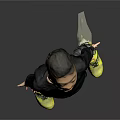 Child In Black Sweater Camouflage Pants Yellow Shoes Open Mouth Outstretched Hands Gray Background