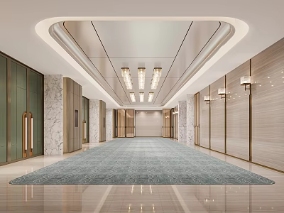 Luxurious Hotel Corridor With Spacious Design Modern Ceiling Lights Blue Carpet And Marble Walls 3d model