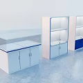 Modern Display Shelves With White And Blue Cabinets And Built In Lighting